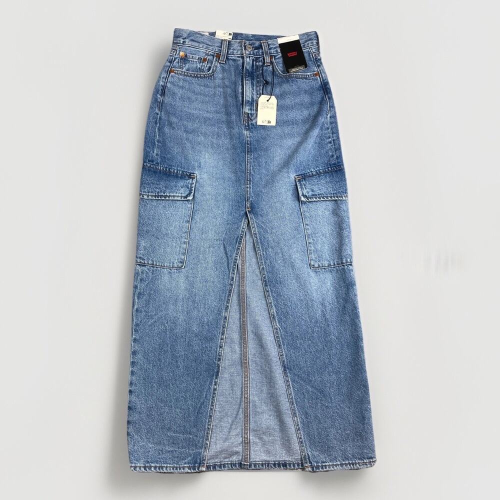 Levi's Premium Ankle Denim Column Cargo Skirt Women's Size 24 Medium Wash Blue